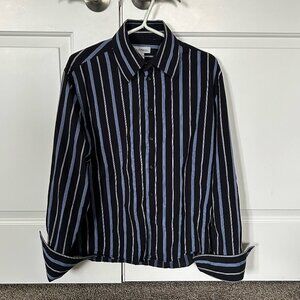 Le Chateau Men's Button Down Dress Shirt Dark Blue with Stripes Size L